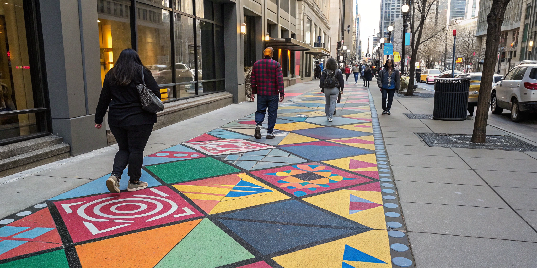 A colorful floor decal used for advertising on a busy city sidewalk.