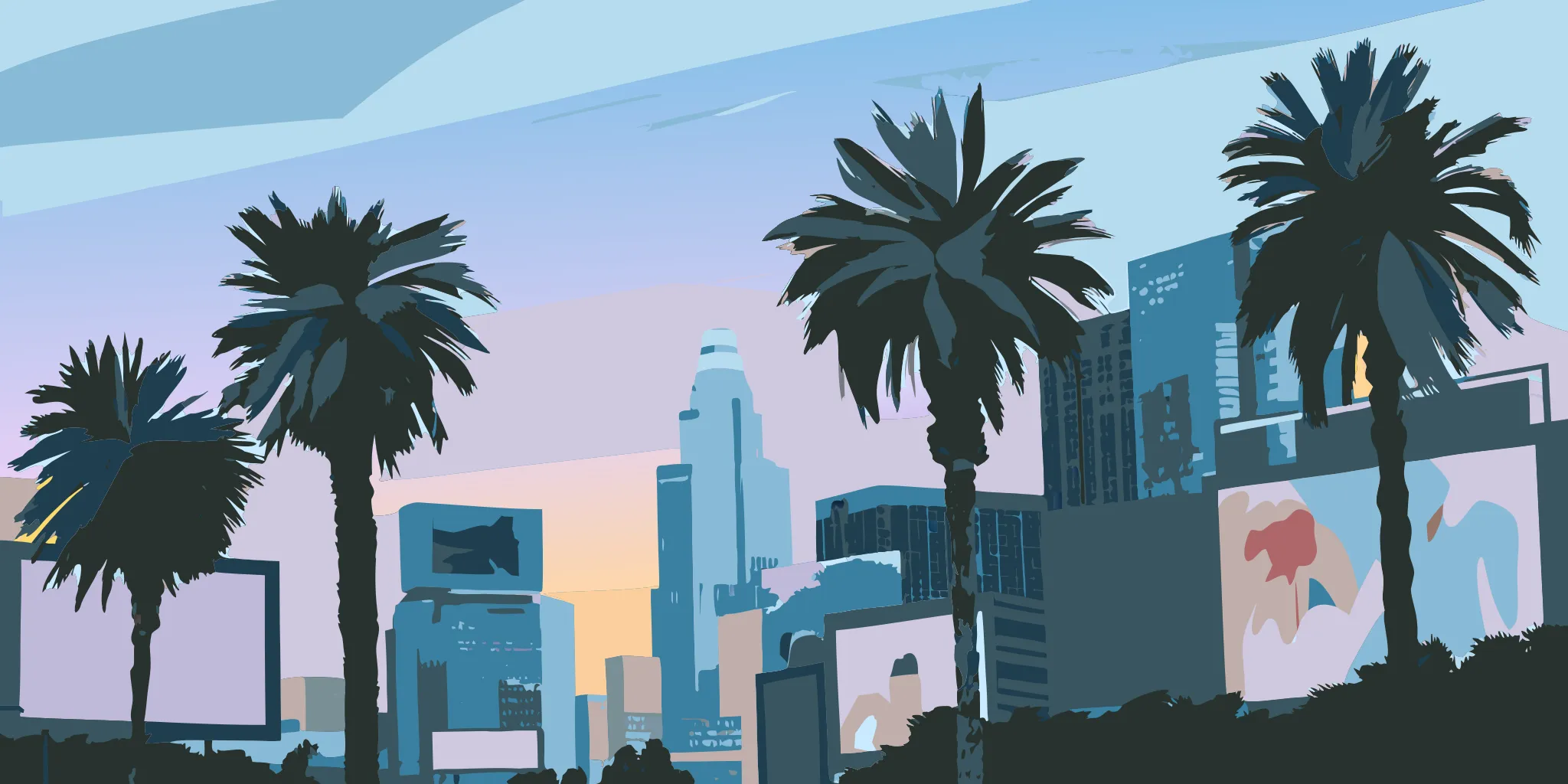 Billboards from outdoor advertising companies on a California city skyline.