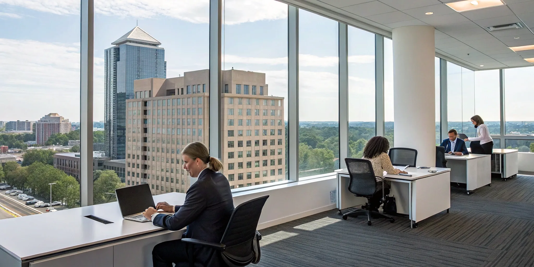 Professionals at one of the top advertising agencies in Paramus, NJ, working in a modern office.