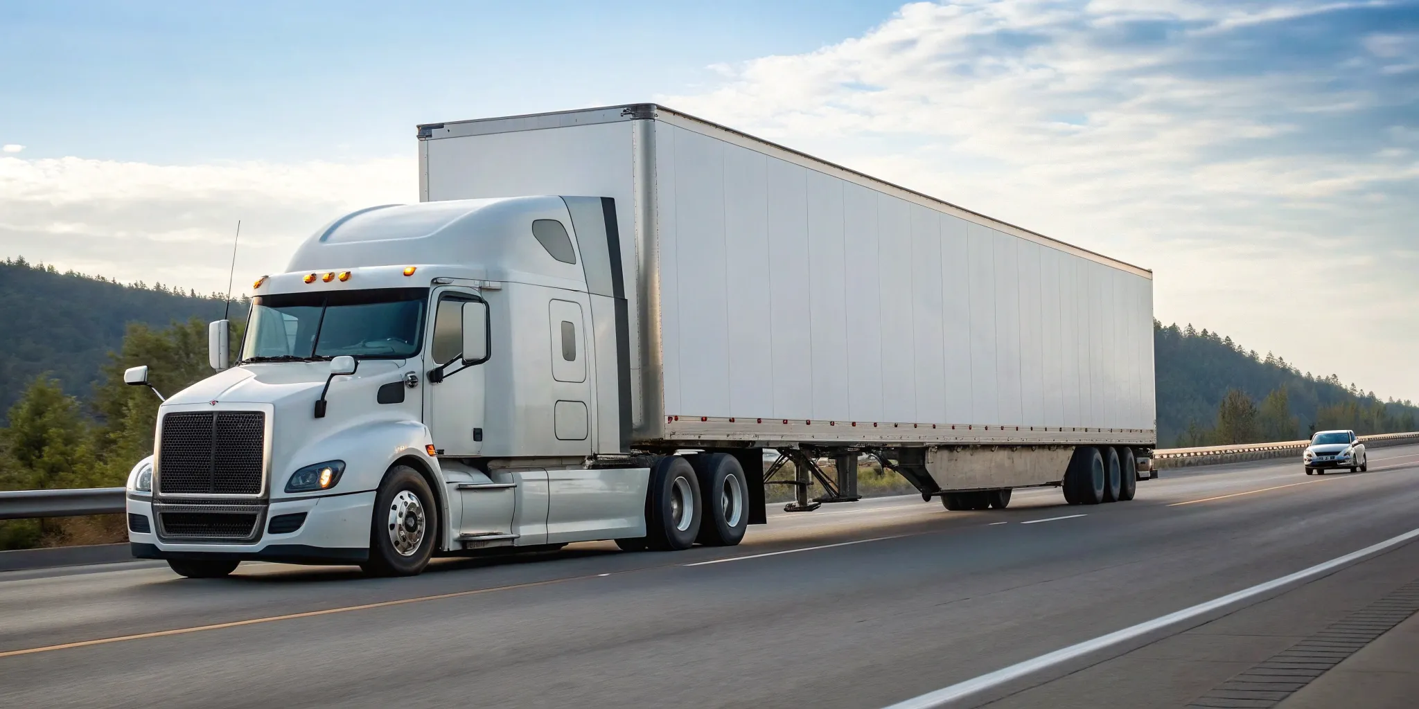 A truck with a blank billboard trailer on a highway, ready for a mobile advertising campaign.