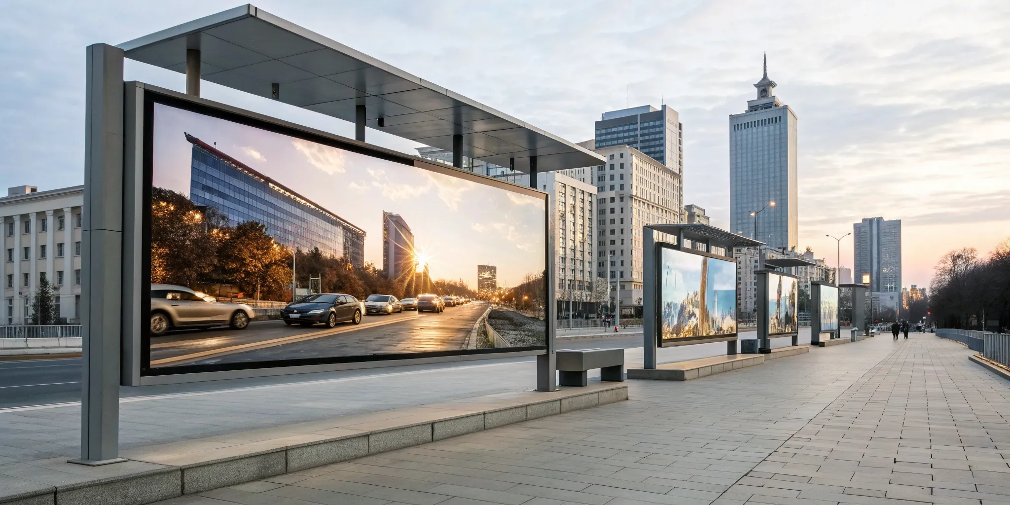 Large digital billboards on a city street displaying bespoke OOH advertising solutions.