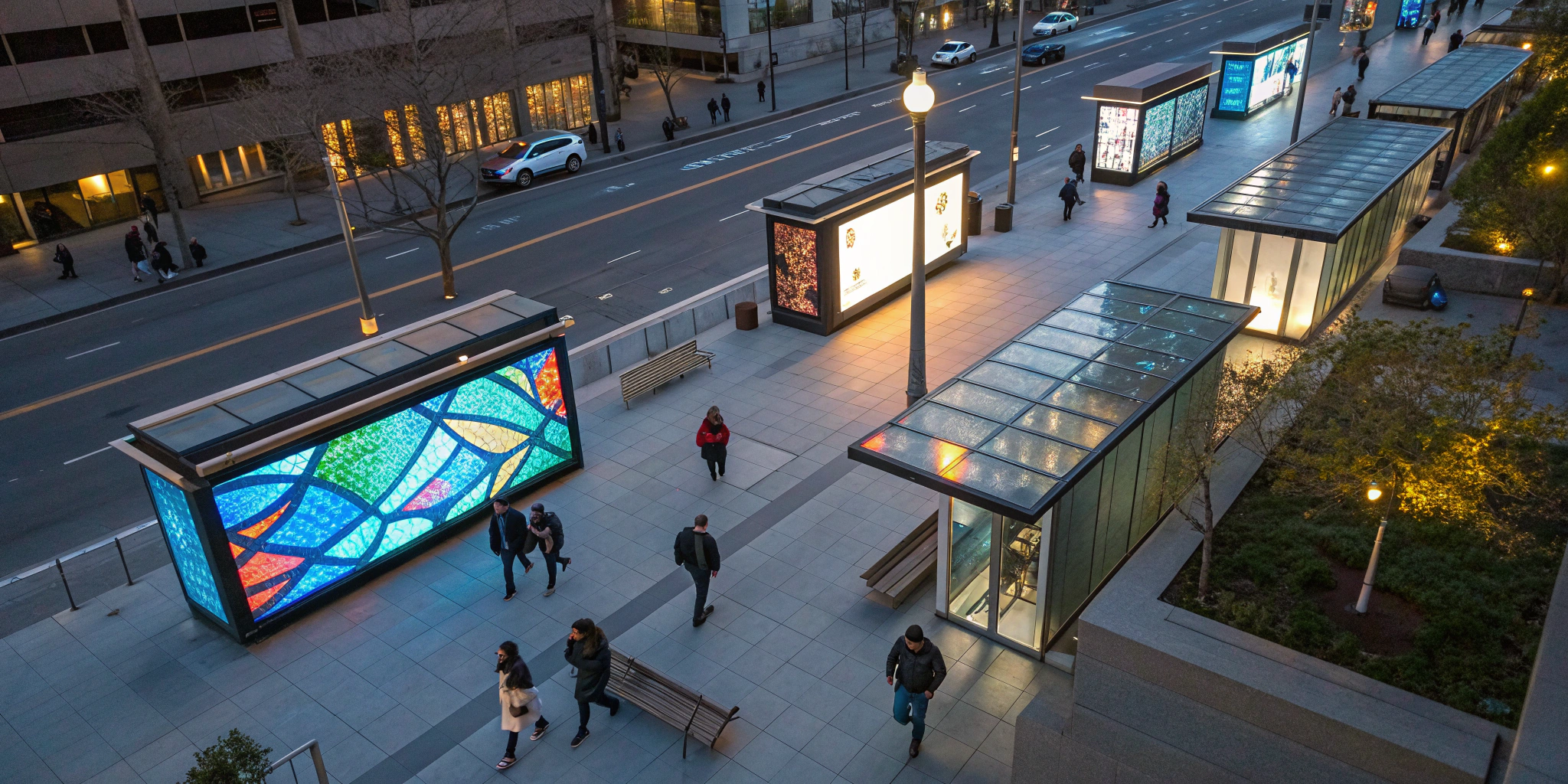 Pedestrian plaza with illuminated, digital place-based media screens.