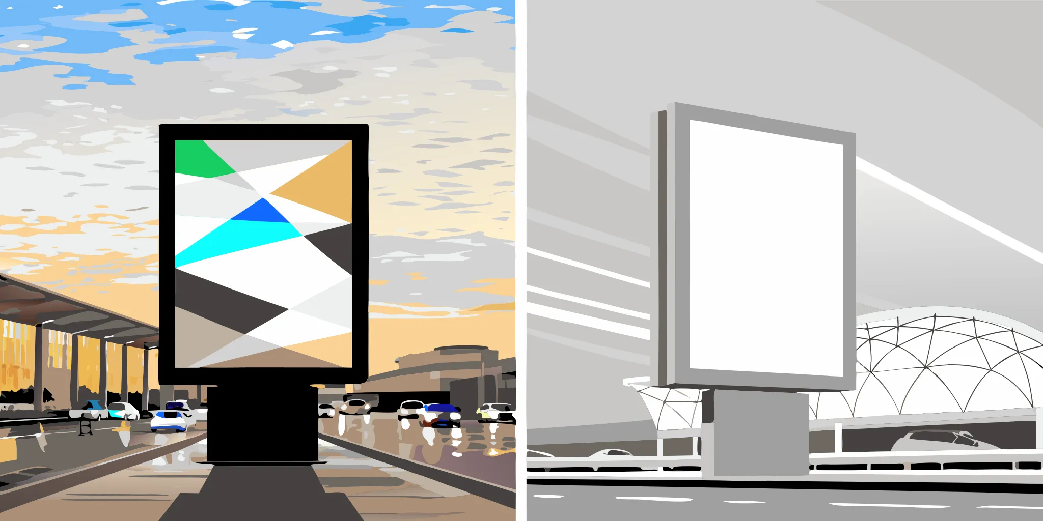 A digital billboard contrasts with a place-based ad screen on a busy city street.